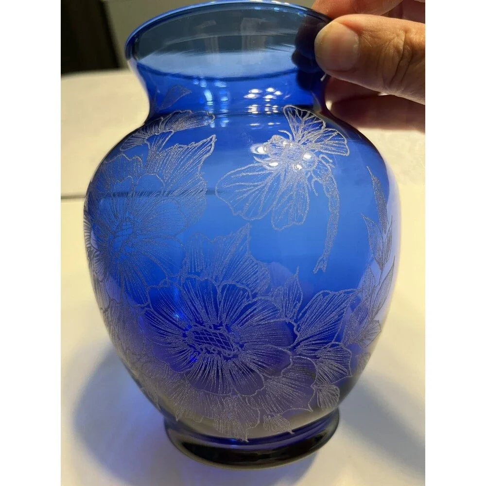 Hand Painted Floral Dragonfly Blue Glass Vase Artist Signed S Conrad